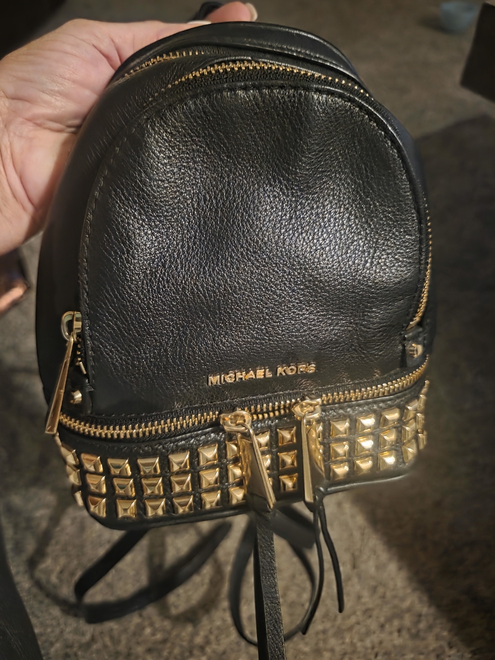 MICHAEL KORS Black Leather Mini Backpack with Gold Studs